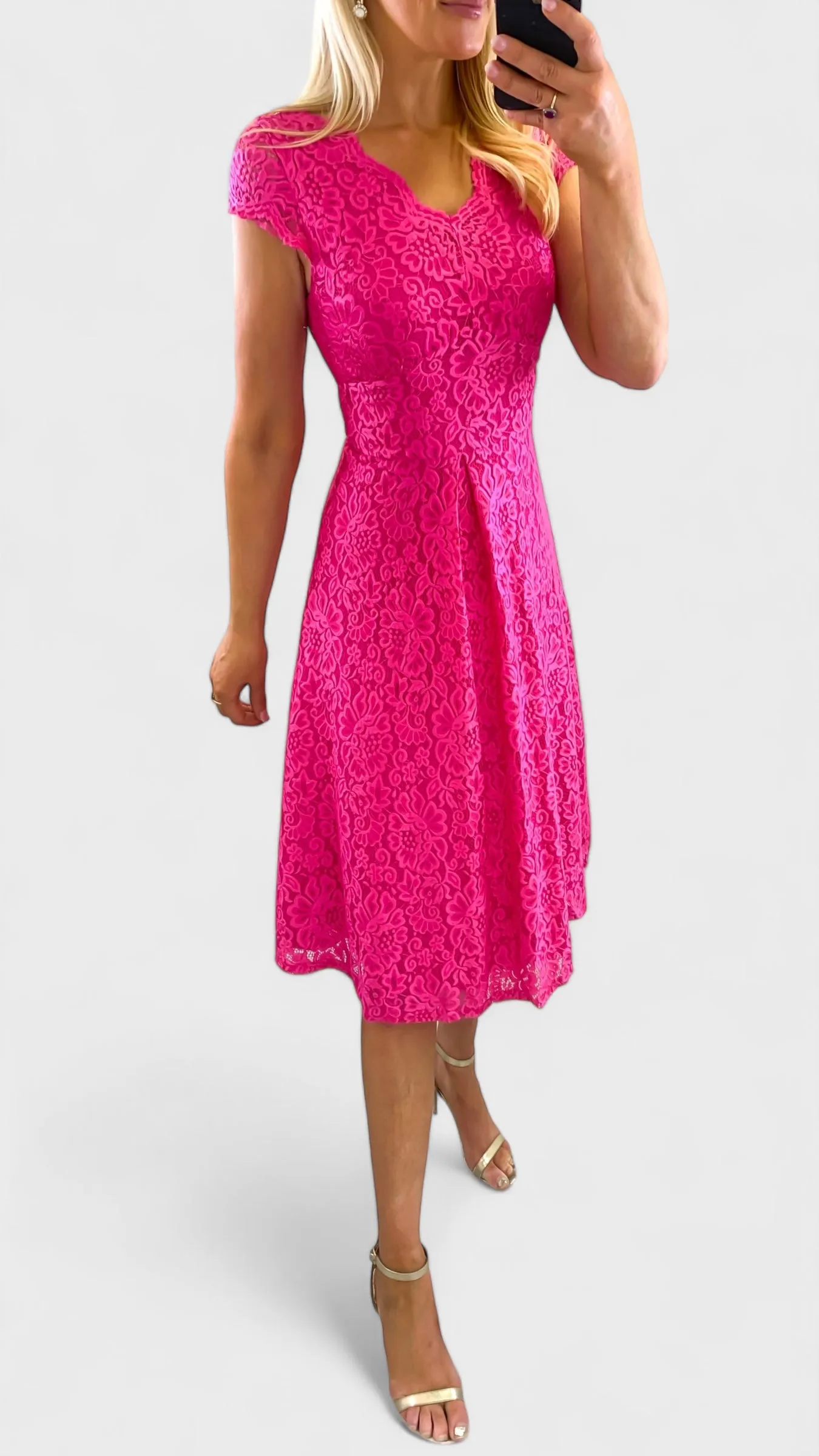 A1838 Pink Stacy Lace Midi Flare Dress