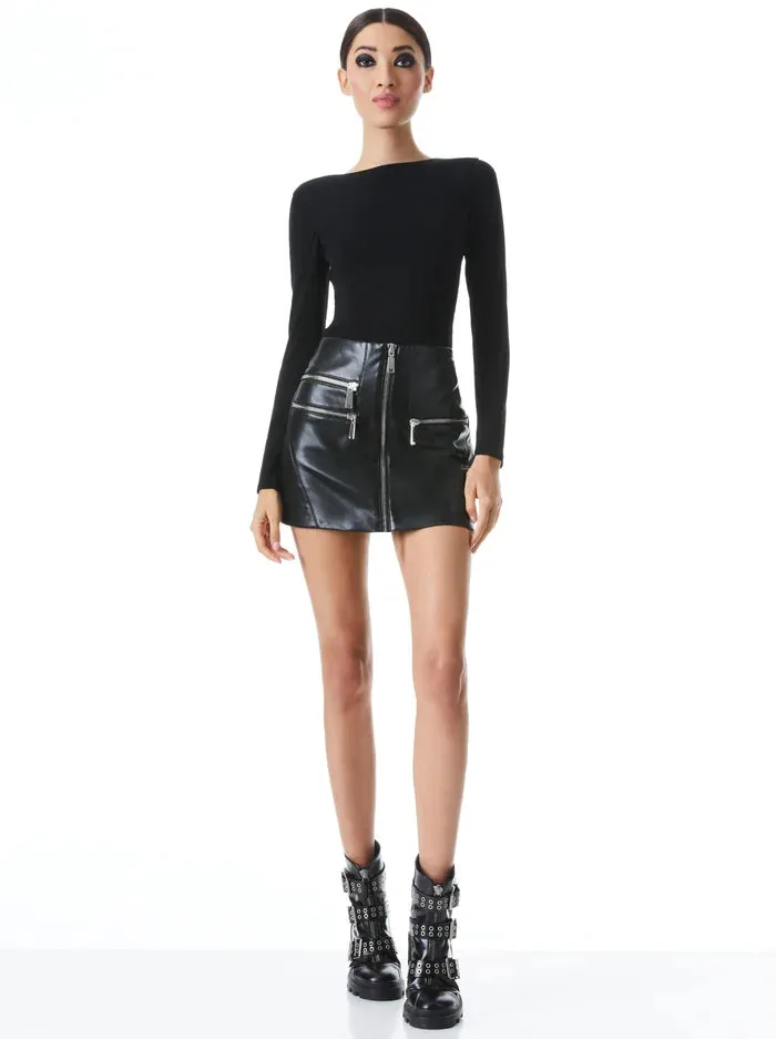 Alice & Olivia KENDALE FRONT ZIP VEGAN LEATHER MINI SKIRT- black