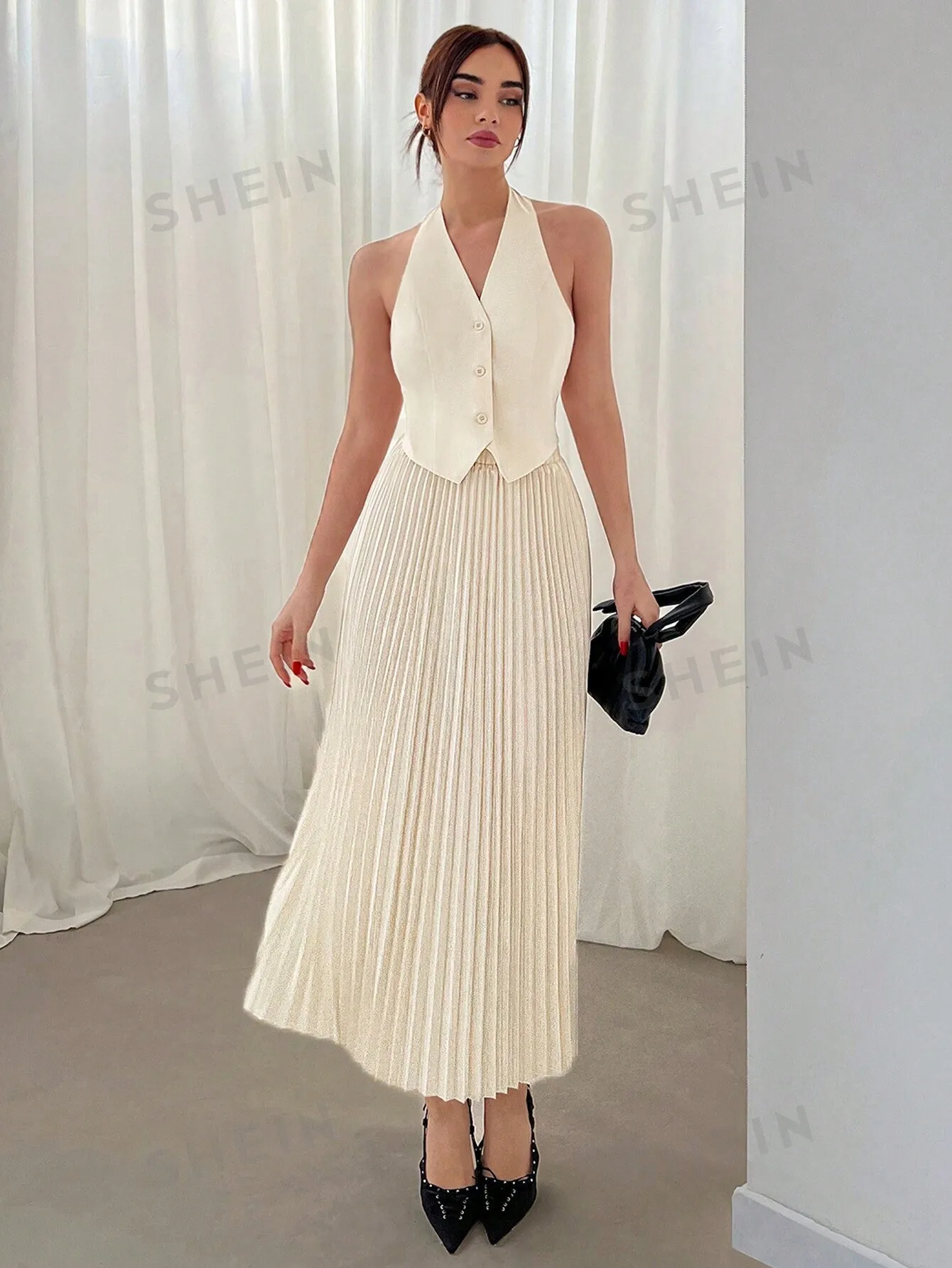 Aloruh Ladies' Valentine's Day Halter Neck Single Breasted Vest And Pleated Skirt Two Piece Set