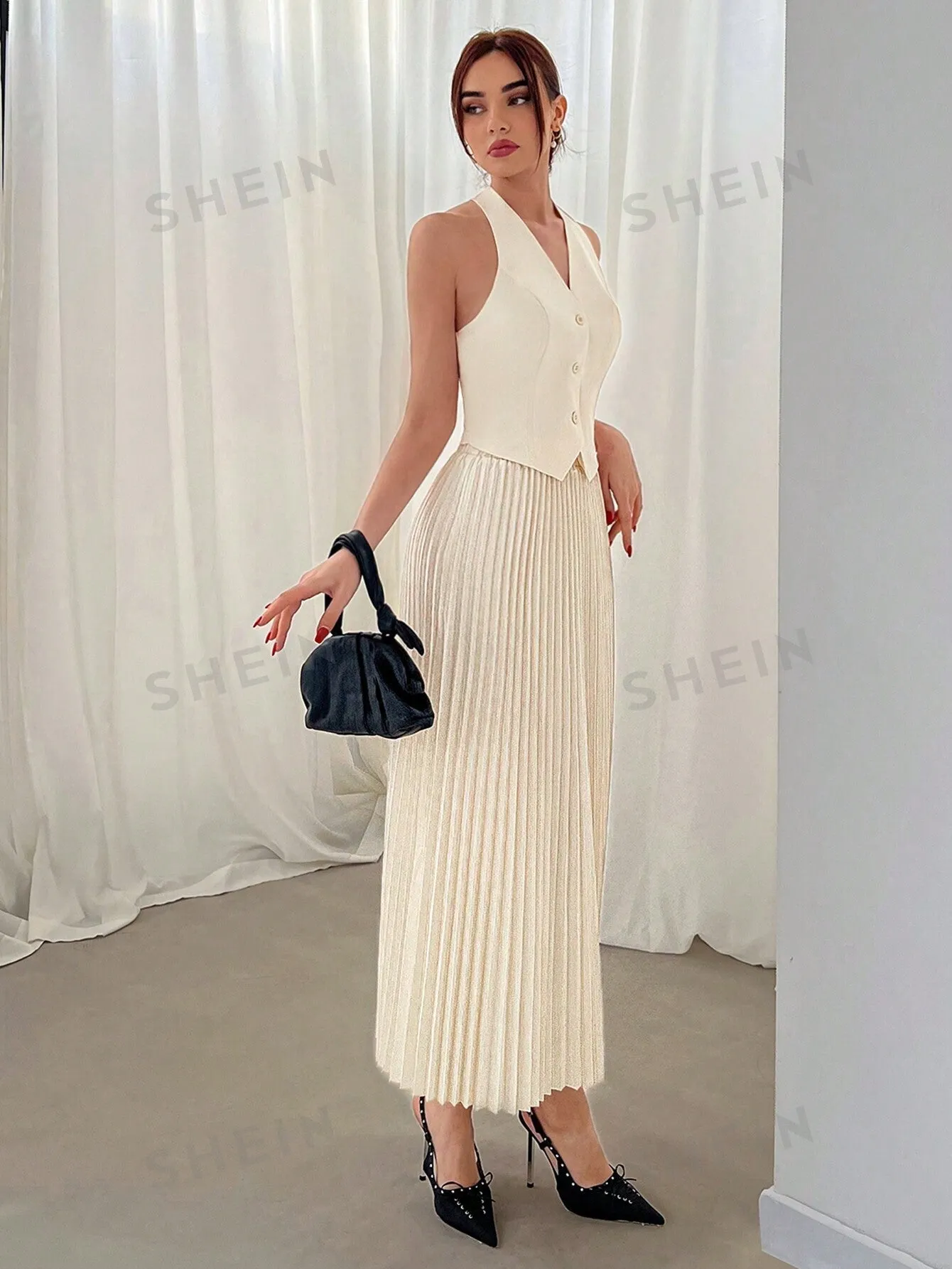 Aloruh Ladies' Valentine's Day Halter Neck Single Breasted Vest And Pleated Skirt Two Piece Set
