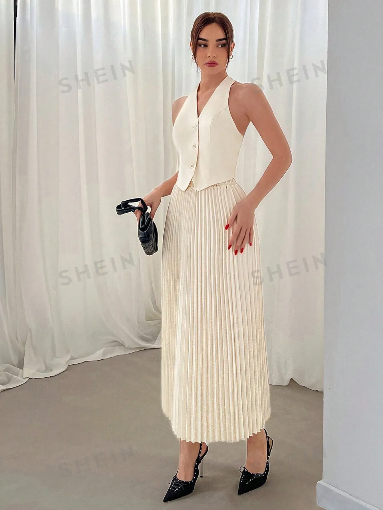 Aloruh Ladies' Valentine's Day Halter Neck Single Breasted Vest And Pleated Skirt Two Piece Set