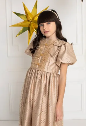 Beautiful Gold polkadot dress with ruffle and shoulder Bow details.
