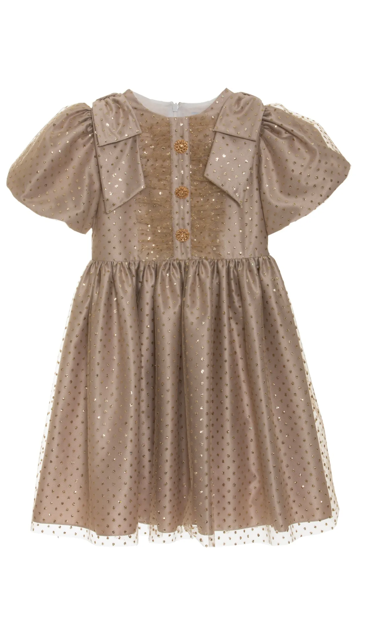 Beautiful Gold polkadot dress with ruffle and shoulder Bow details.
