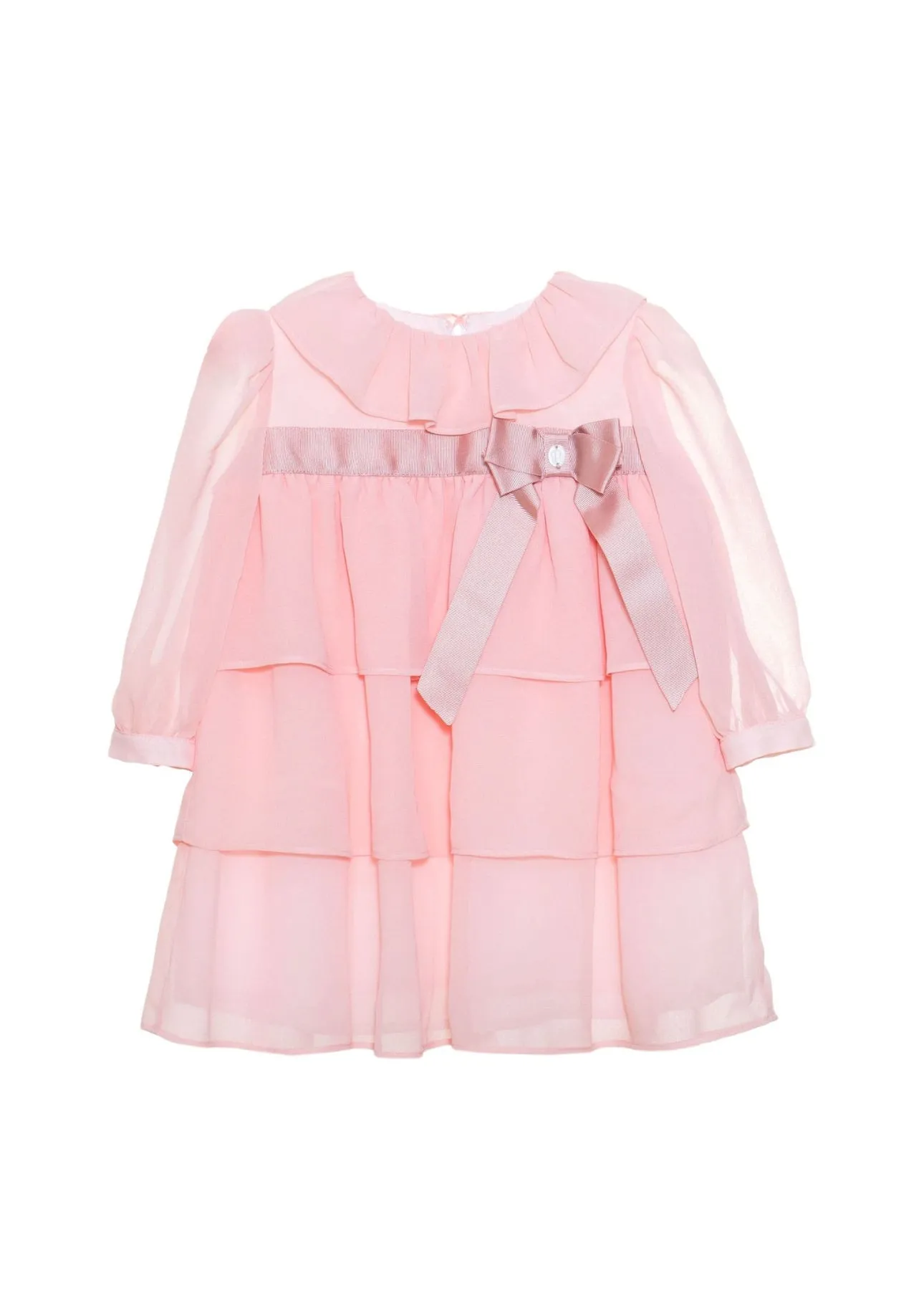 Beautiful Pink&nbsp; chiffon dress with ruffle and Bow details.