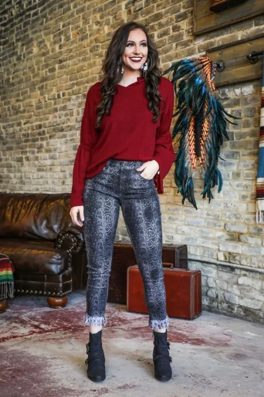 BLACK SNAKE PRINT FRAYED HEM BOYFRIEND JEAN