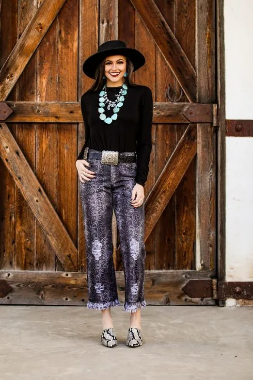 BLACK SNAKE PRINT FRAYED HEM BOYFRIEND JEAN