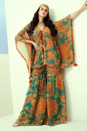 Blue Printed Kaftan with Sharara