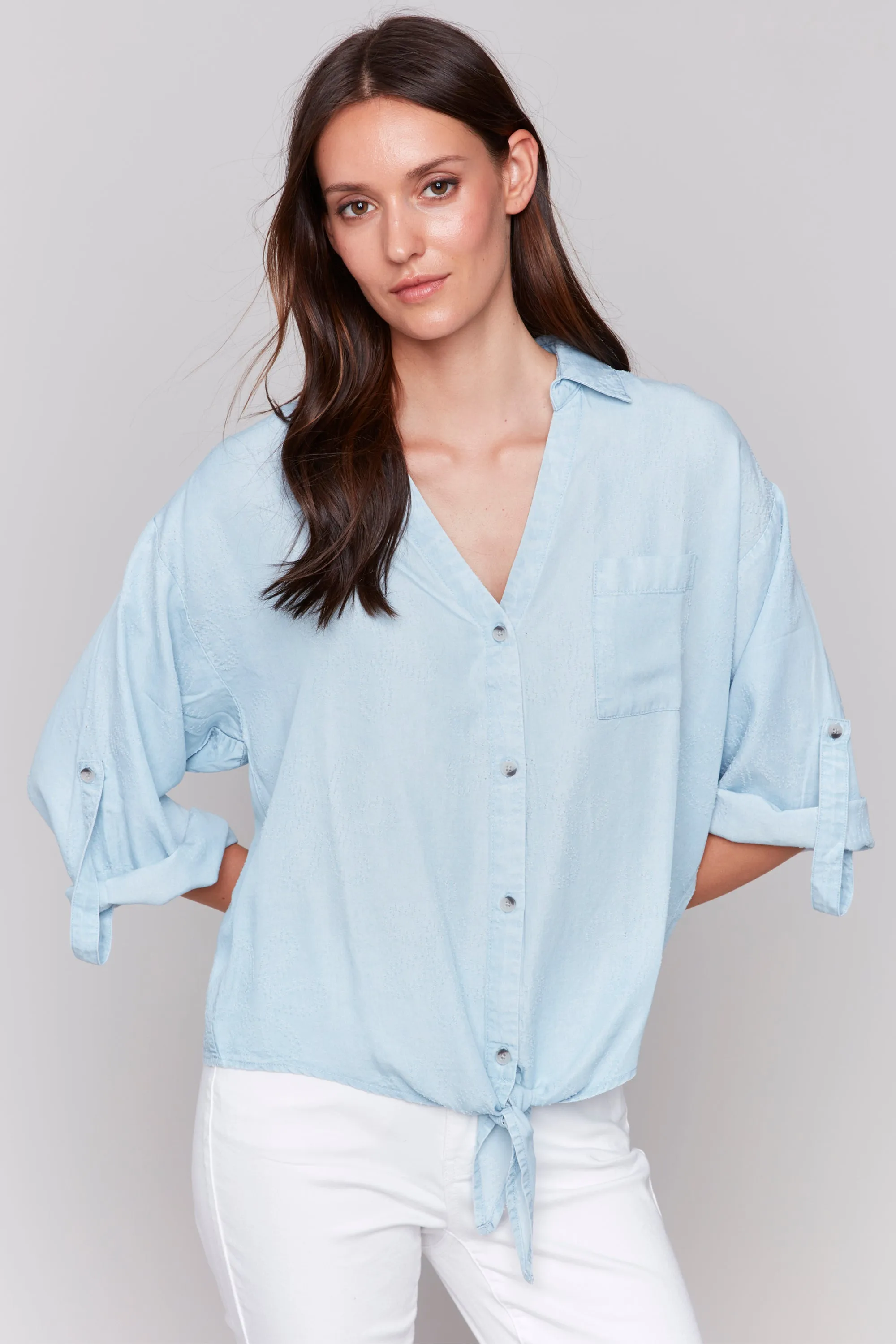 CHAMBRAY DAISY TEXTURE TIE FRONT BLOUSE