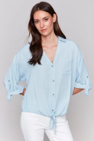 CHAMBRAY DAISY TEXTURE TIE FRONT BLOUSE