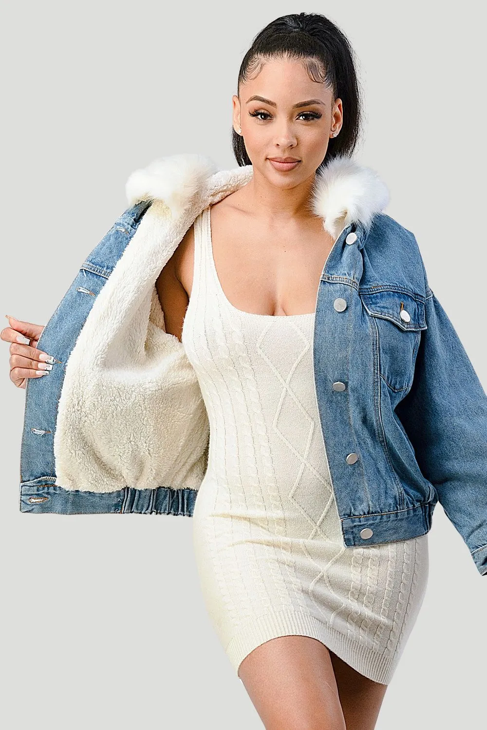 COZY FAUX FUR TRIM OVERSIZED DENIM JACKETS