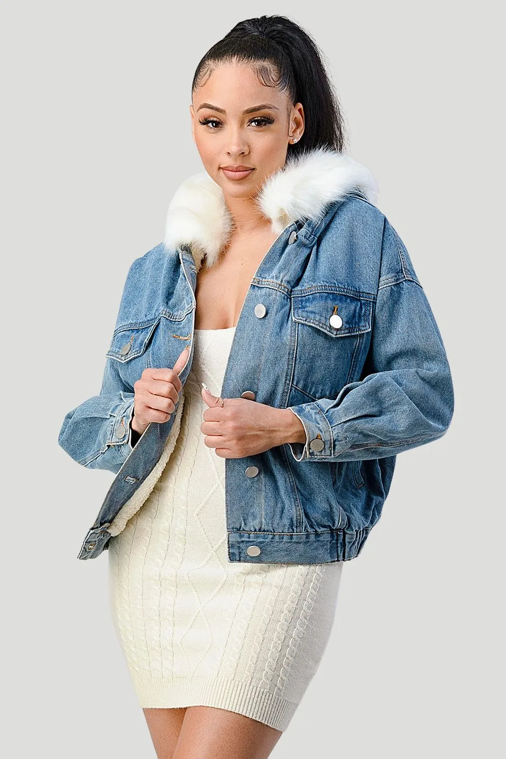COZY FAUX FUR TRIM OVERSIZED DENIM JACKETS
