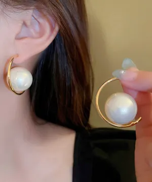 Elegant Gold Sterling Silver Alloy Pearl Hoop Earrings ZZ037