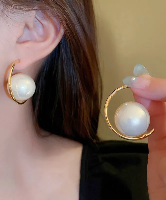 Elegant Gold Sterling Silver Alloy Pearl Hoop Earrings ZZ037