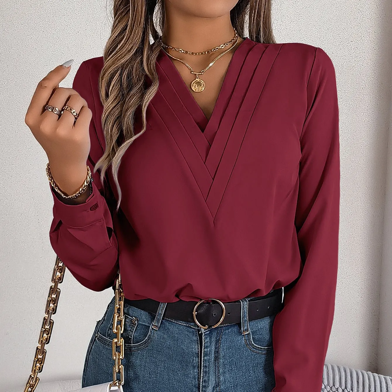Elegant V-Neck Long Sleeve Blouse