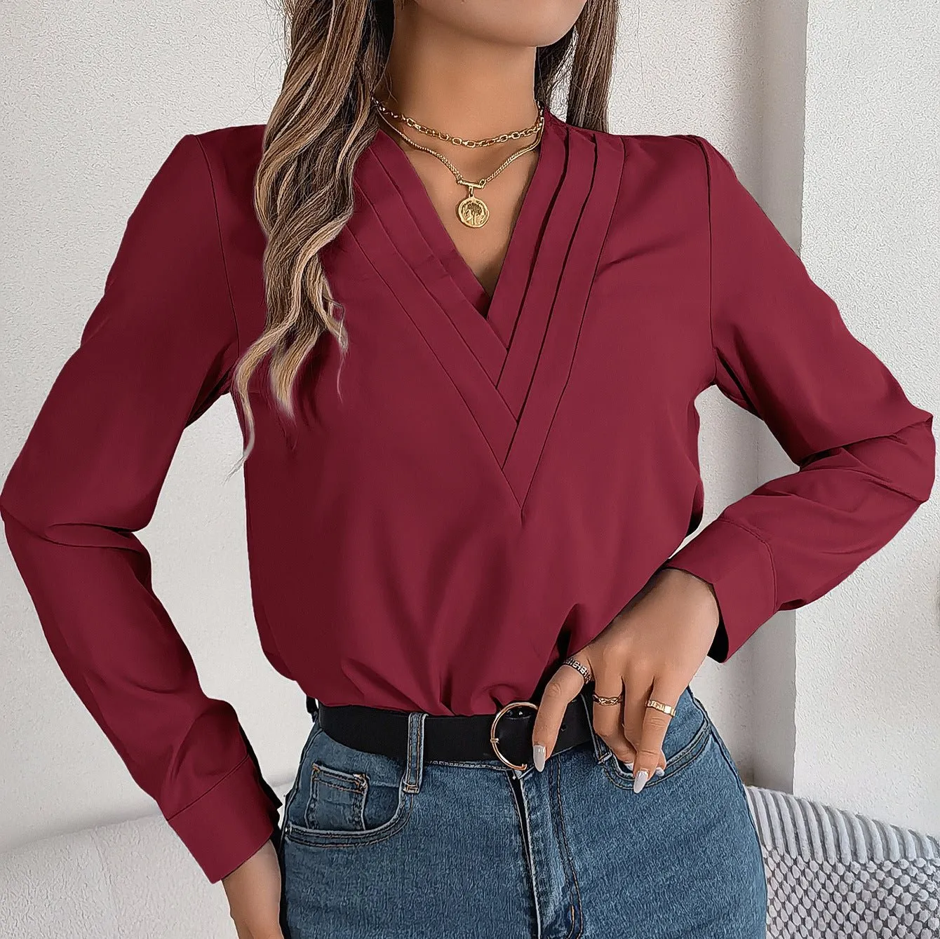 Elegant V-Neck Long Sleeve Blouse