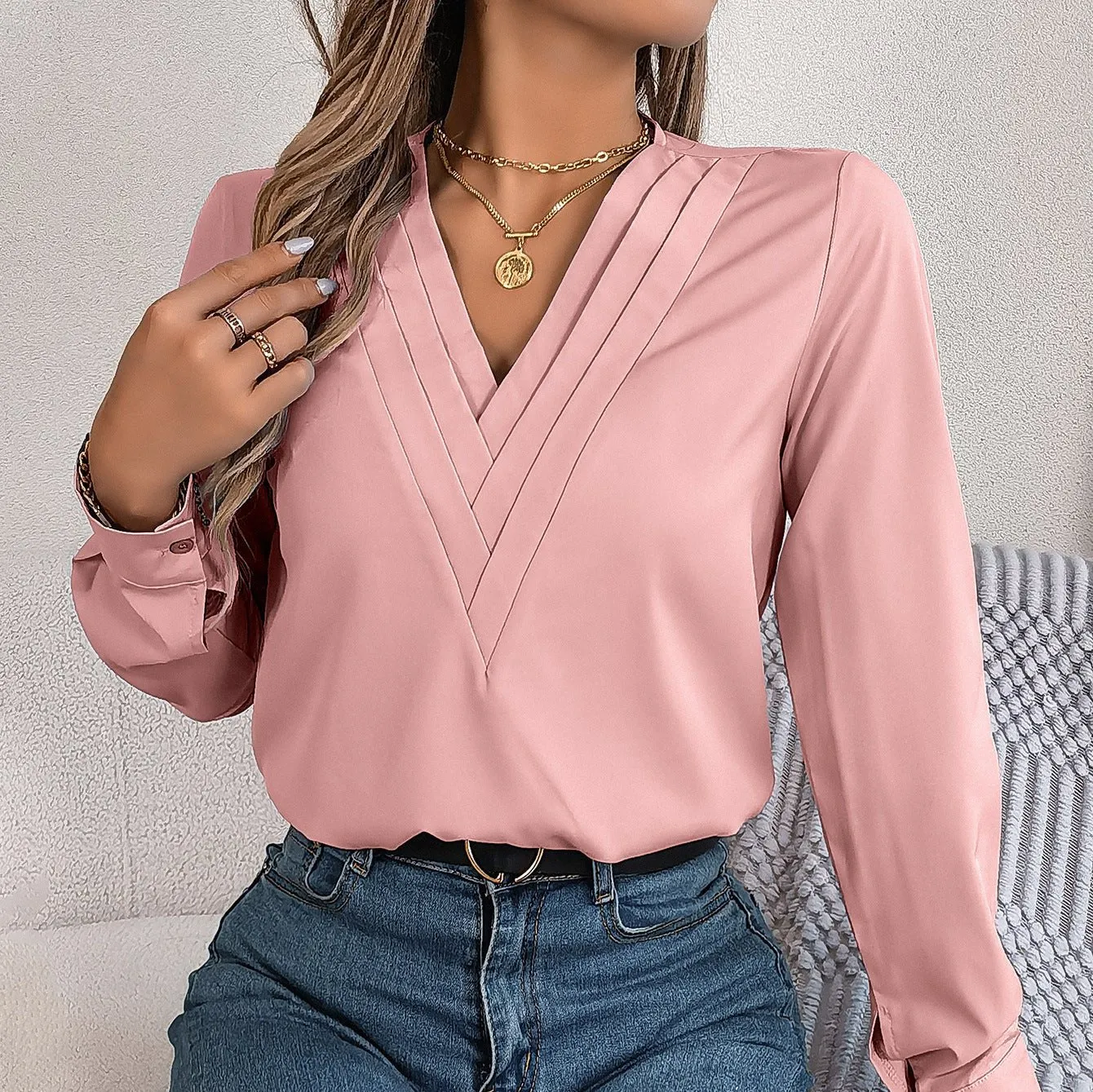 Elegant V-Neck Long Sleeve Blouse