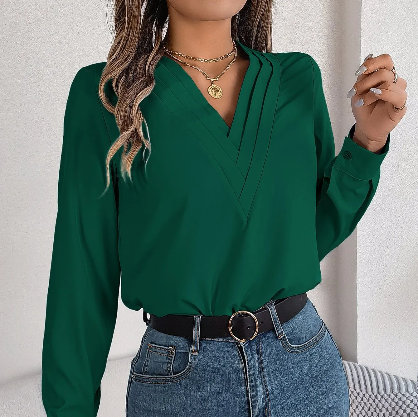 Elegant V-Neck Long Sleeve Blouse