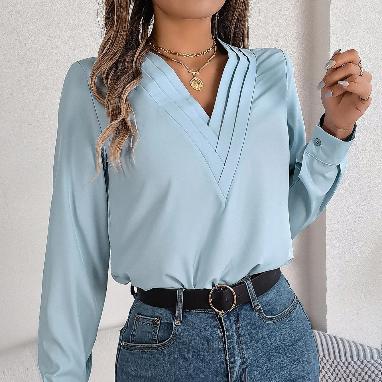 Elegant V-Neck Long Sleeve Blouse