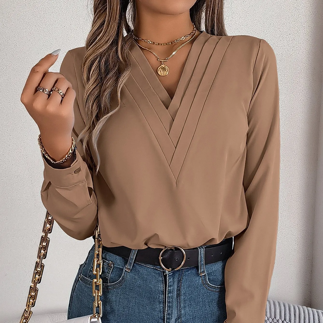 Elegant V-Neck Long Sleeve Blouse