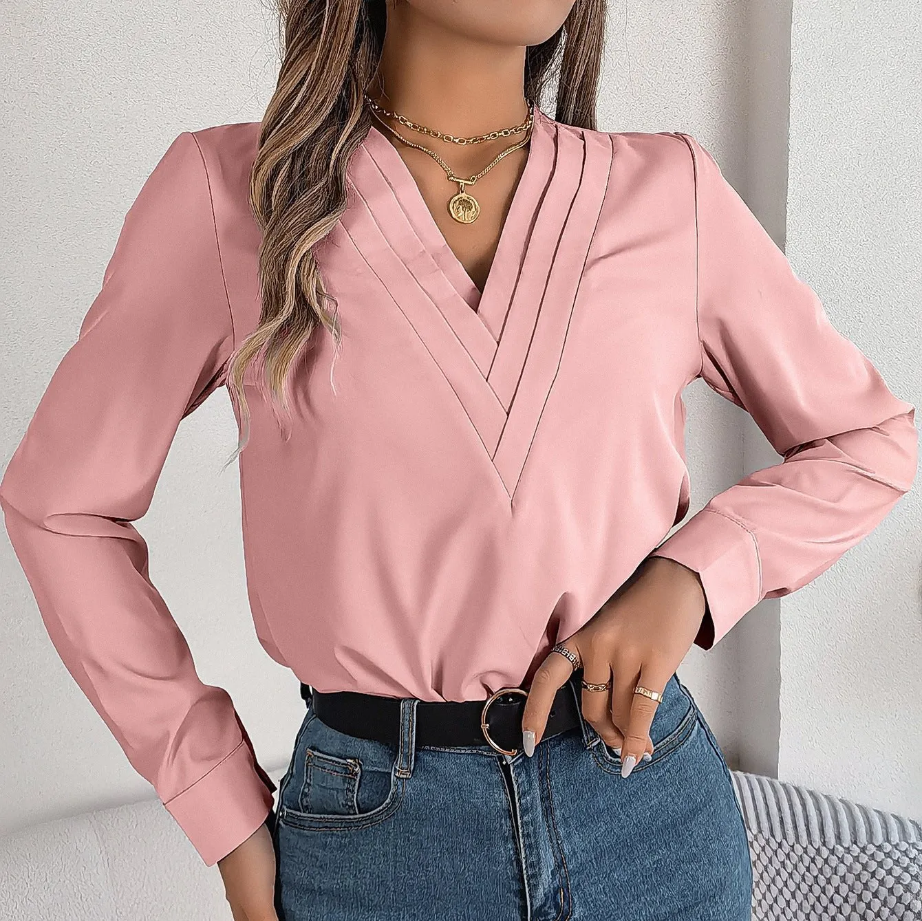 Elegant V-Neck Long Sleeve Blouse