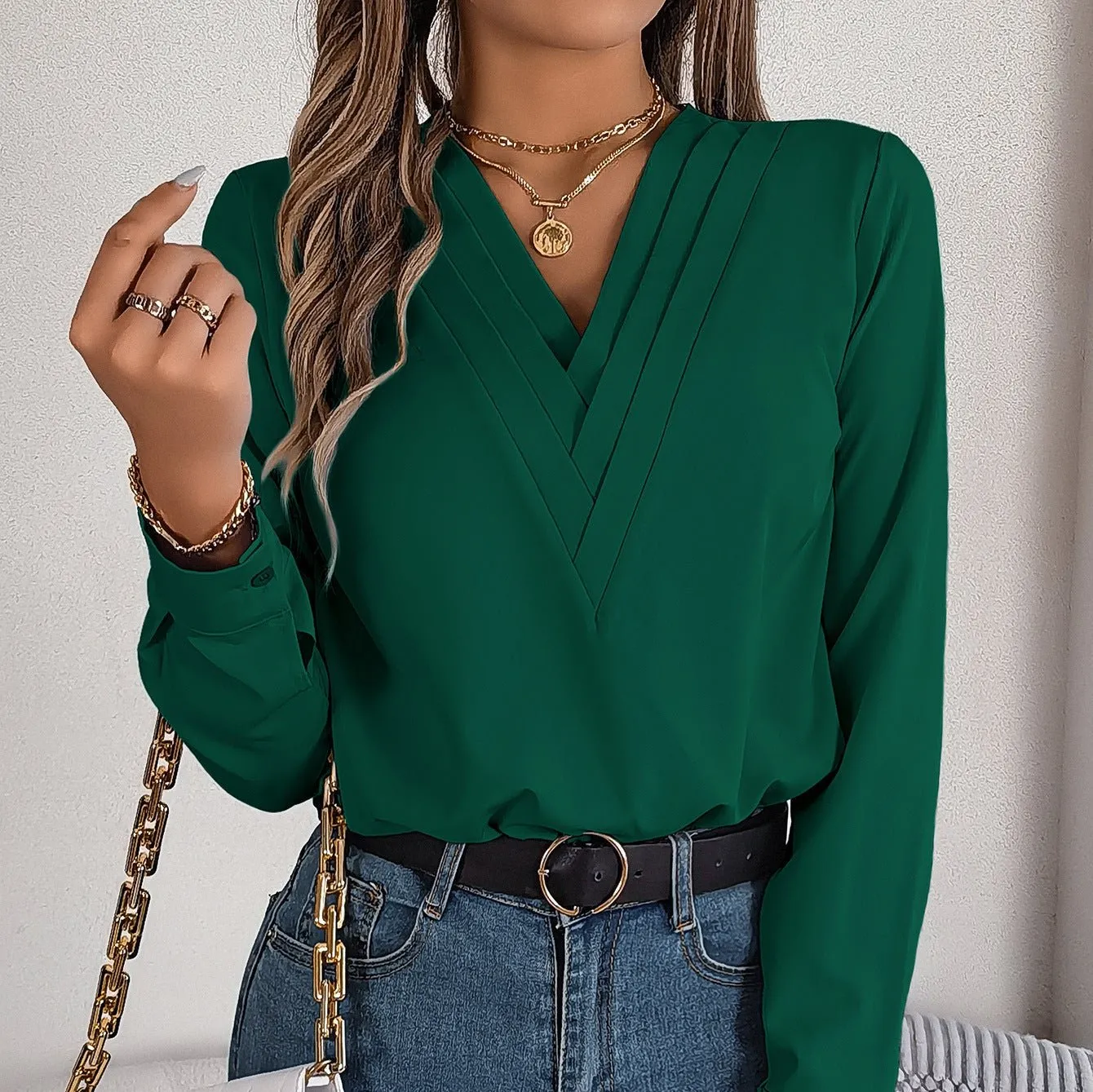 Elegant V-Neck Long Sleeve Blouse
