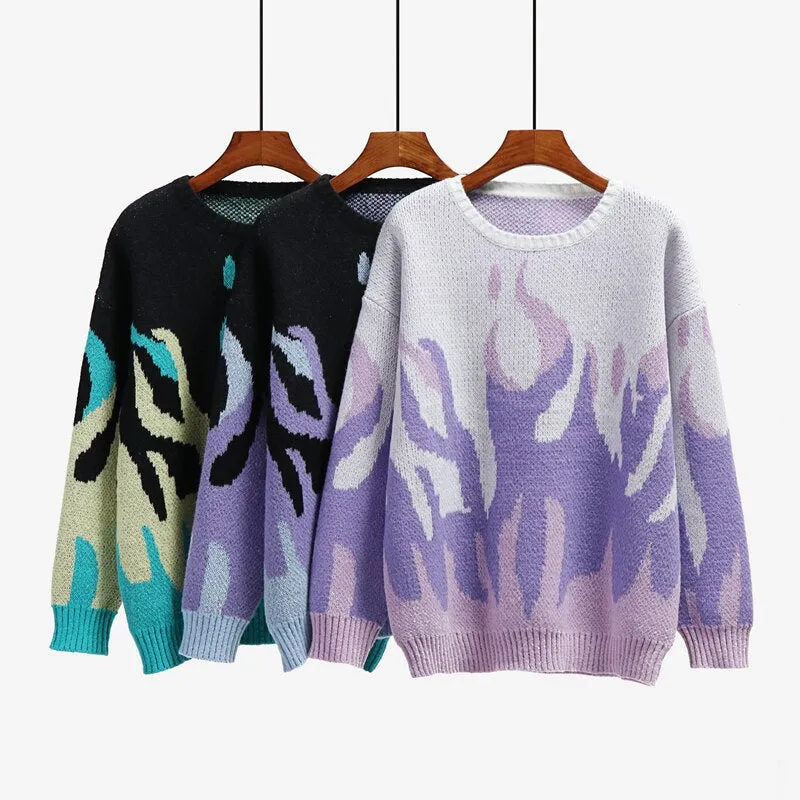 Flame Printed Knitted Sweaters Women  Round Neck Winter Oversized Streetwear Warm Long Sleeve Vintage Pullovers Tops