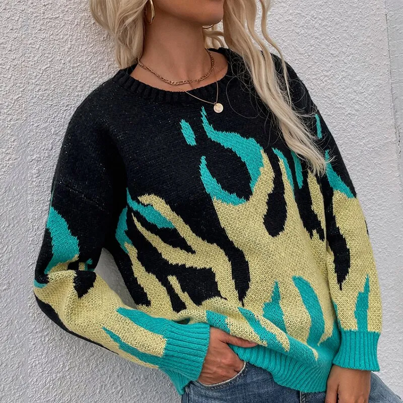 Flame Printed Knitted Sweaters Women  Round Neck Winter Oversized Streetwear Warm Long Sleeve Vintage Pullovers Tops