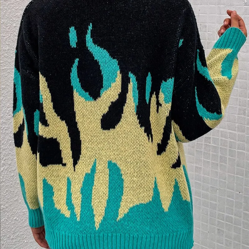 Flame Printed Knitted Sweaters Women  Round Neck Winter Oversized Streetwear Warm Long Sleeve Vintage Pullovers Tops