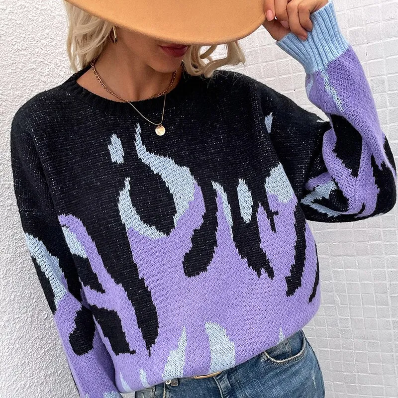 Flame Printed Knitted Sweaters Women  Round Neck Winter Oversized Streetwear Warm Long Sleeve Vintage Pullovers Tops