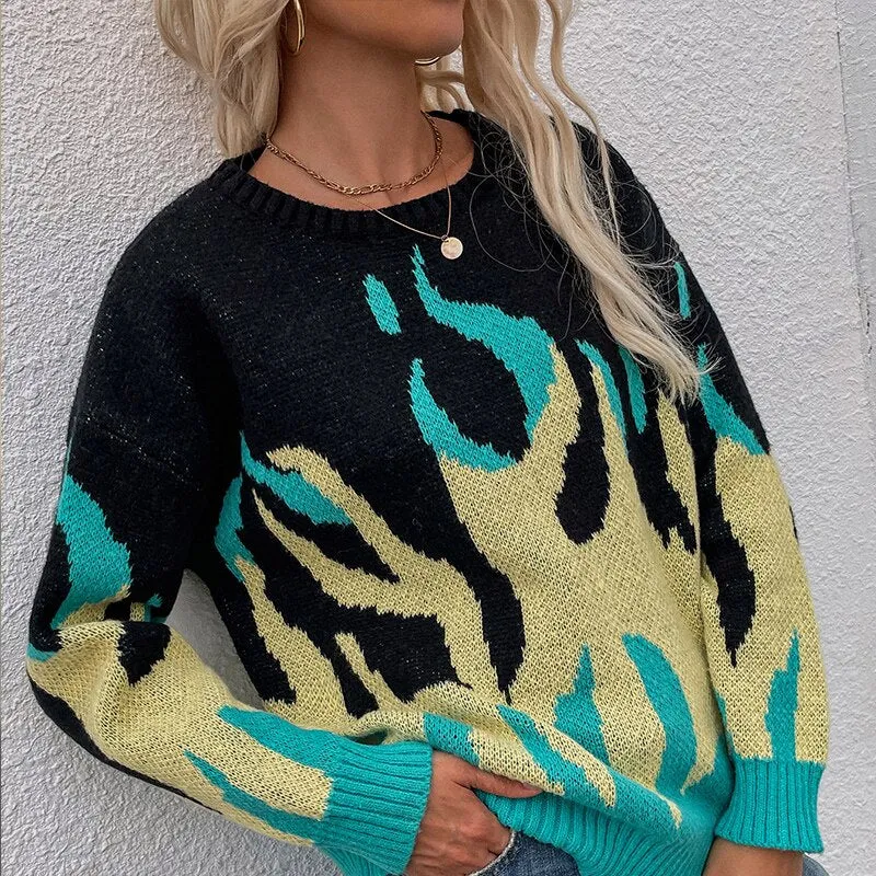 Flame Printed Knitted Sweaters Women  Round Neck Winter Oversized Streetwear Warm Long Sleeve Vintage Pullovers Tops
