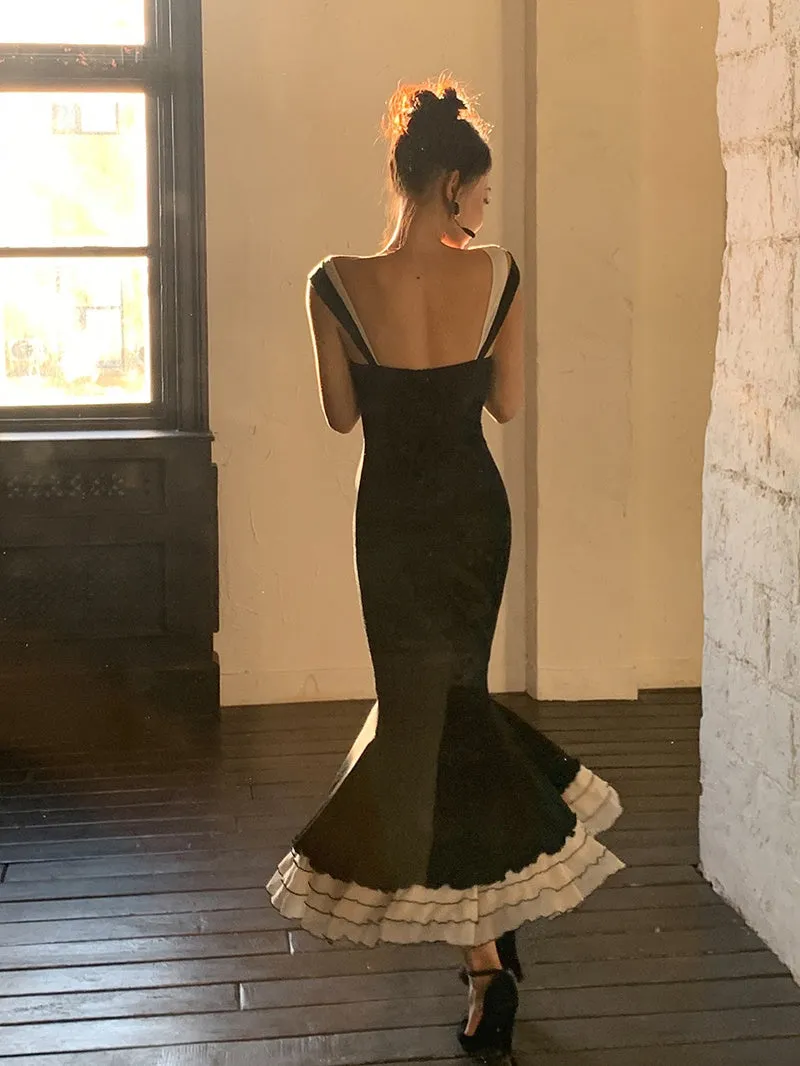 Flytonn- Black Ruffle Tiered Hem Mermaid Dress