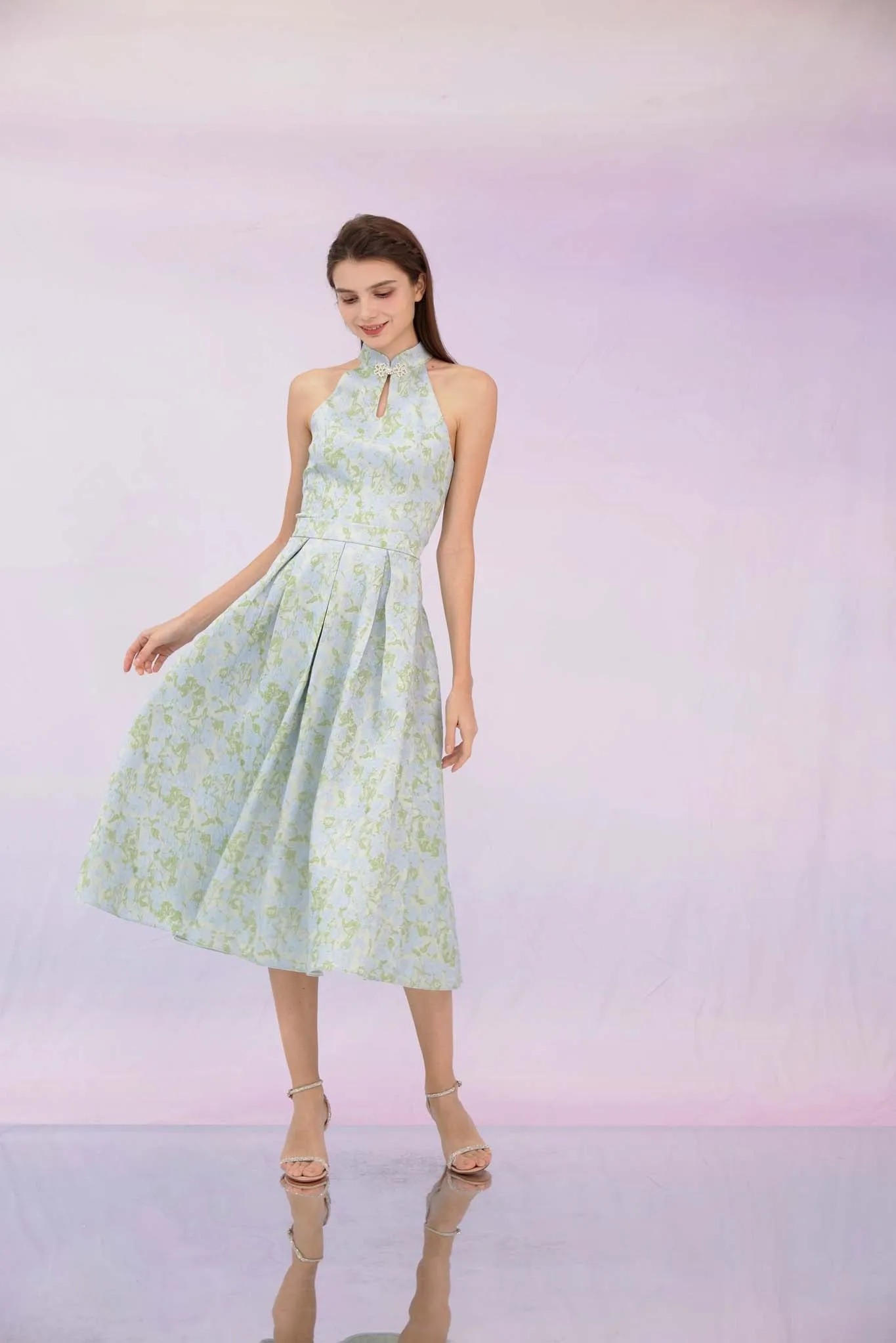 Gizella Green Jacquard Pleated Skirt