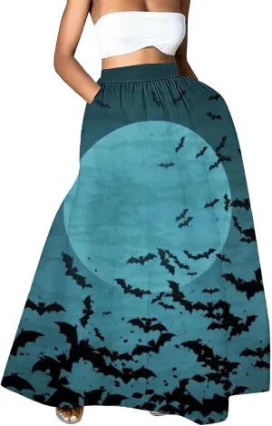 Halloween Tutu for Women High Waist Party Beach Pocket Long Maxi Skirt Halloween Party Hippie Clothes for Women