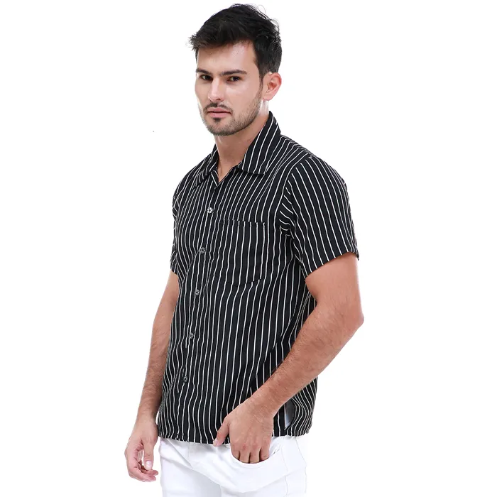 Hamlin Dwan Atasan Kemeja Pria Vertical Lines Casual Shortsleeve Shirt Material Cotton ORIGINAL - Black