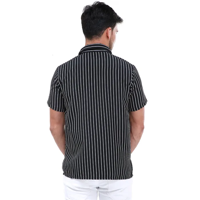 Hamlin Dwan Atasan Kemeja Pria Vertical Lines Casual Shortsleeve Shirt Material Cotton ORIGINAL - Black