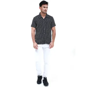 Hamlin Dwan Atasan Kemeja Pria Vertical Lines Casual Shortsleeve Shirt Material Cotton ORIGINAL - Black