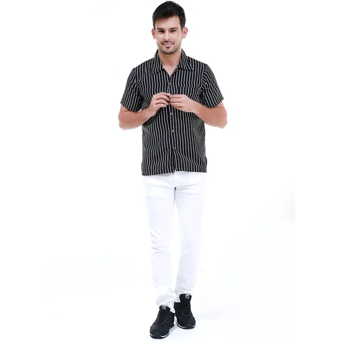 Hamlin Dwan Atasan Kemeja Pria Vertical Lines Casual Shortsleeve Shirt Material Cotton ORIGINAL - Black