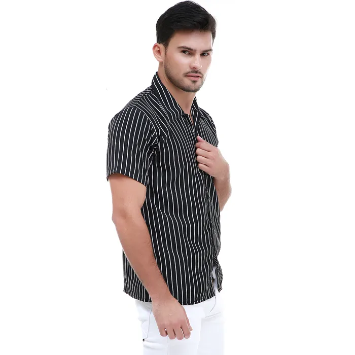 Hamlin Dwan Atasan Kemeja Pria Vertical Lines Casual Shortsleeve Shirt Material Cotton ORIGINAL - Black