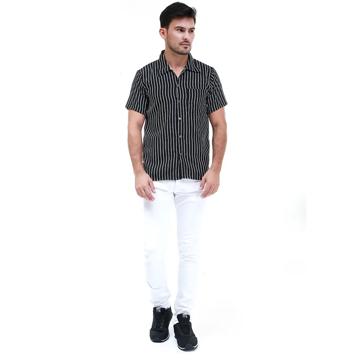 Hamlin Dwan Atasan Kemeja Pria Vertical Lines Casual Shortsleeve Shirt Material Cotton ORIGINAL - Black
