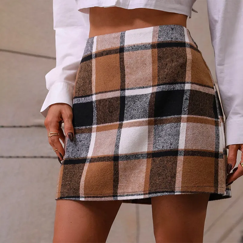 High Waist Plaid Print Skirt