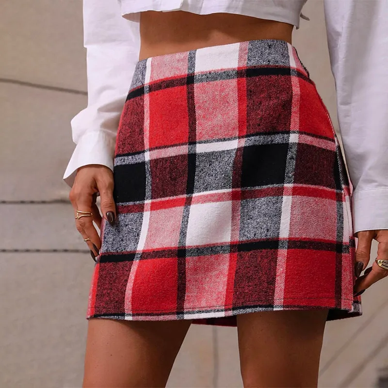 High Waist Plaid Print Skirt