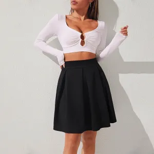 High Waist Solid Pleated Zipper Side Skirt