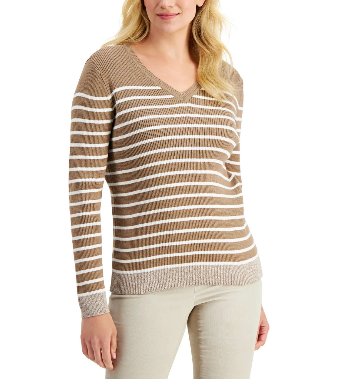 Karen Scott Petite Ribbed V-Neck Sweater Chestnut Heather Size PP