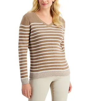 Karen Scott Petite Ribbed V-Neck Sweater Chestnut Heather Size PP