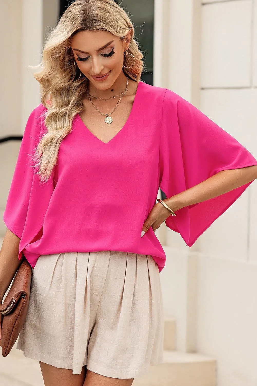 Keep Your Eyes On Me Cloak Sleeve V Neck Blouse