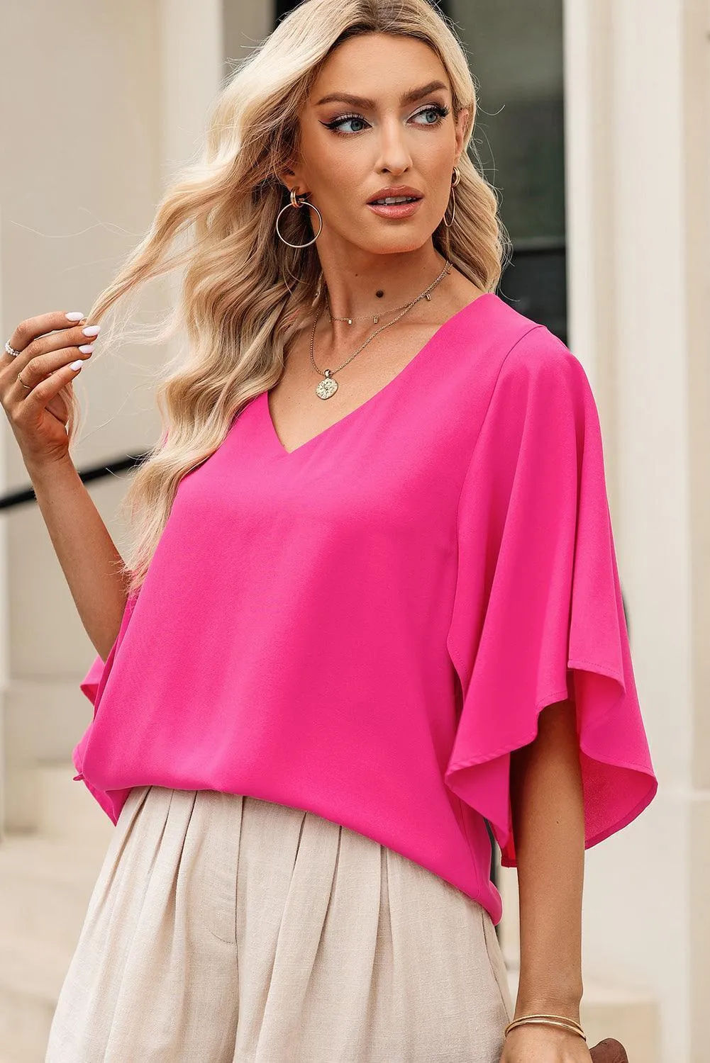Keep Your Eyes On Me Cloak Sleeve V Neck Blouse