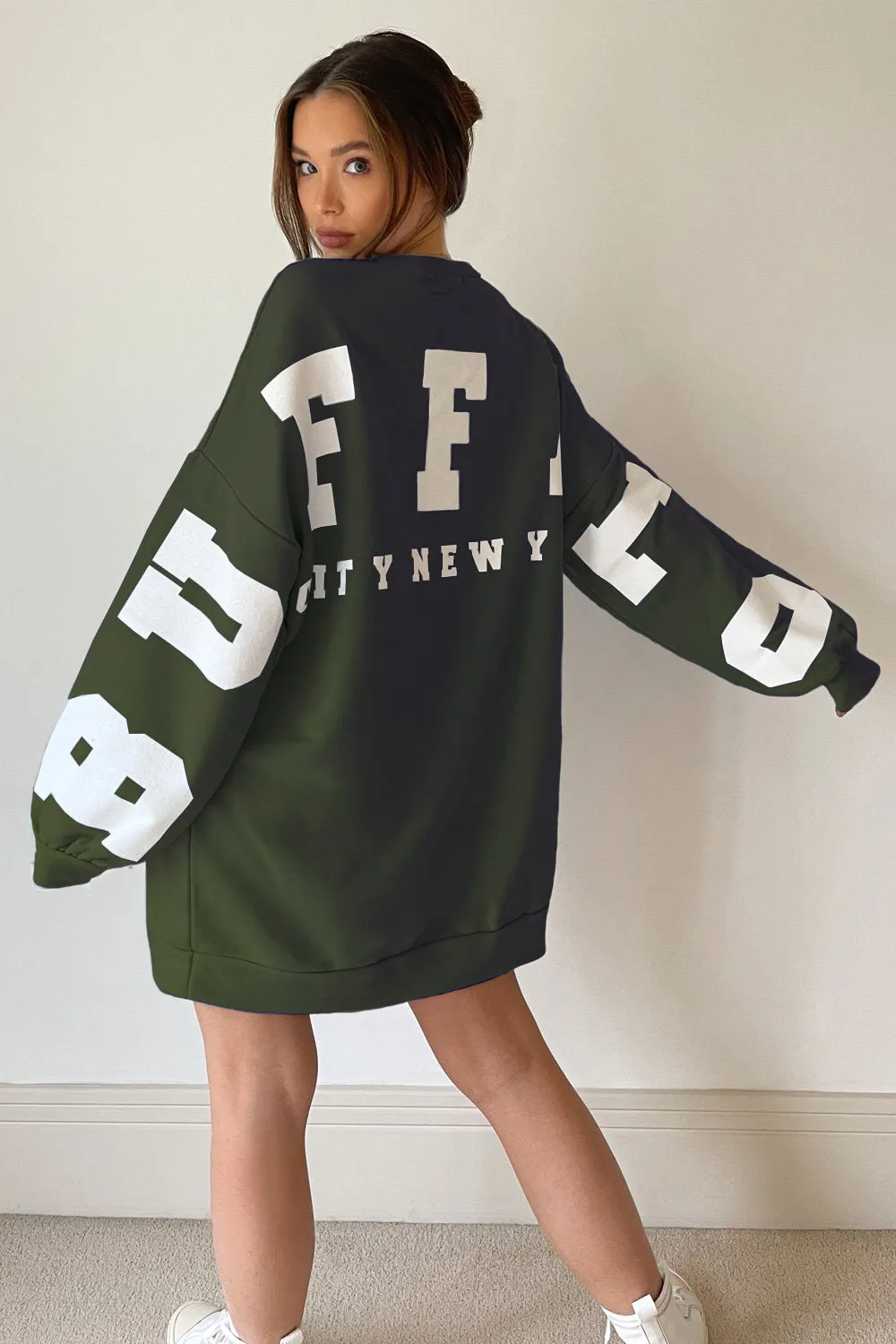 Khaki Buffalo Slogan Oversized Sweatshirt Jumper Dress
