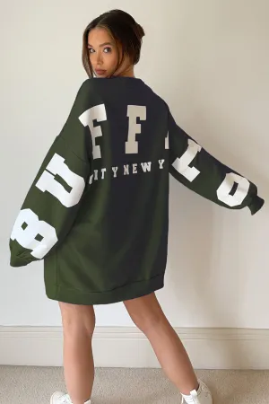 Khaki Buffalo Slogan Oversized Sweatshirt Jumper Dress