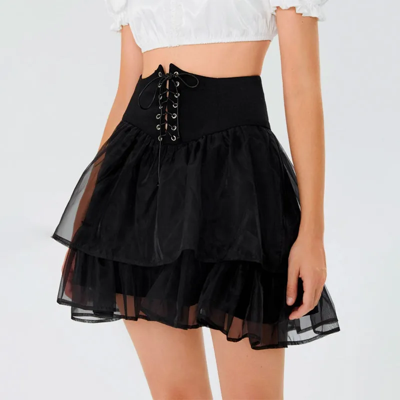 Lace Up Front Two Layer Hem Mesh Skirt