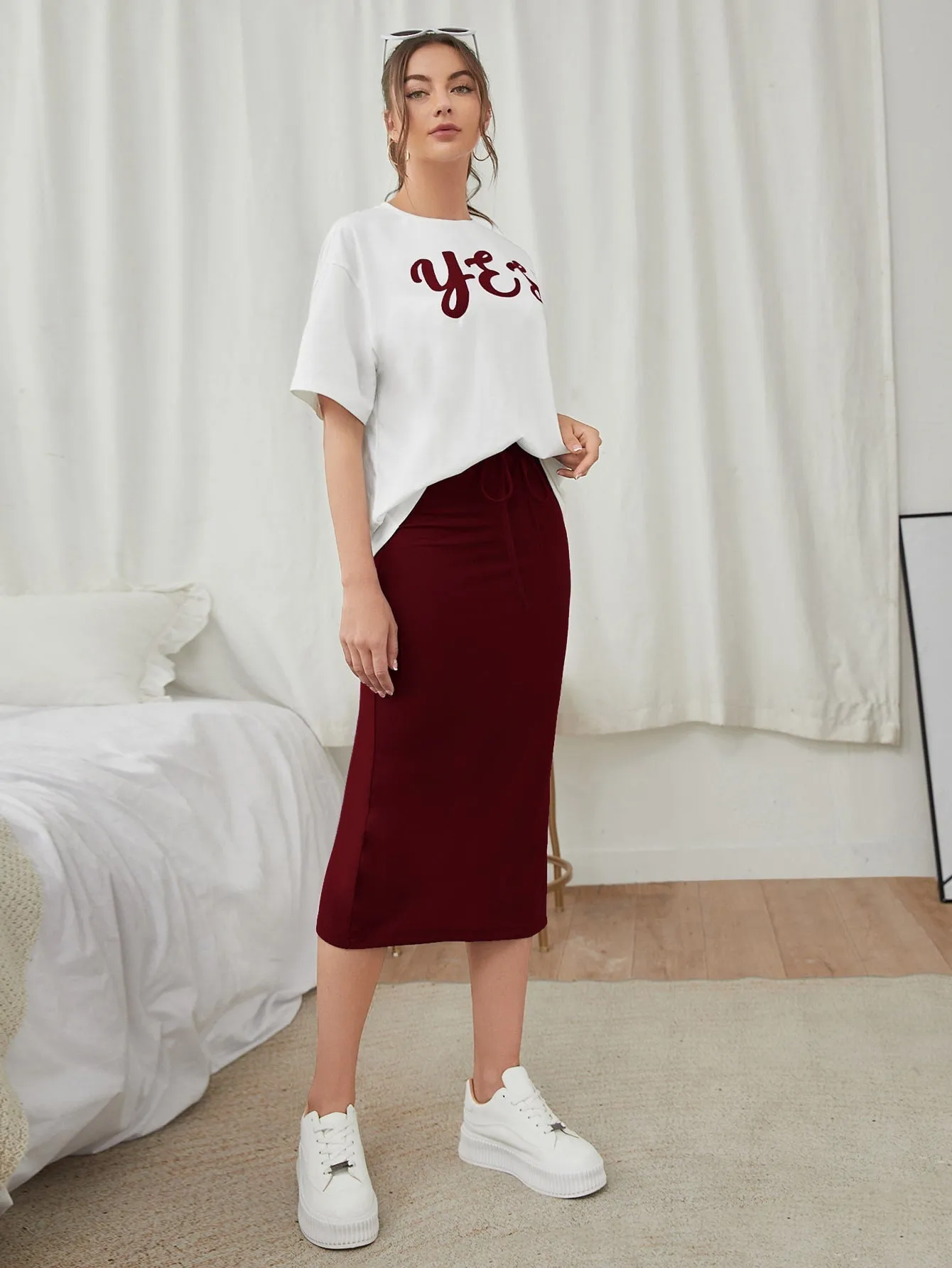 Letter Graphic Tee & Split Hem Skirt SS23 FD